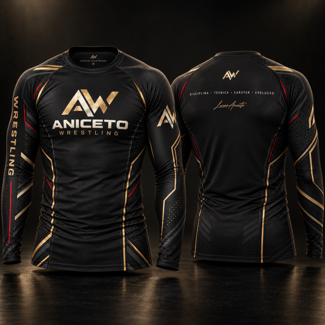 Rashguard Manga Longa — Manga longa com "Wrestling" na manga e "Disciplina · Técnica · Caráter · Evolução" nas costas, com a assinatura do Lucas Aniceto.