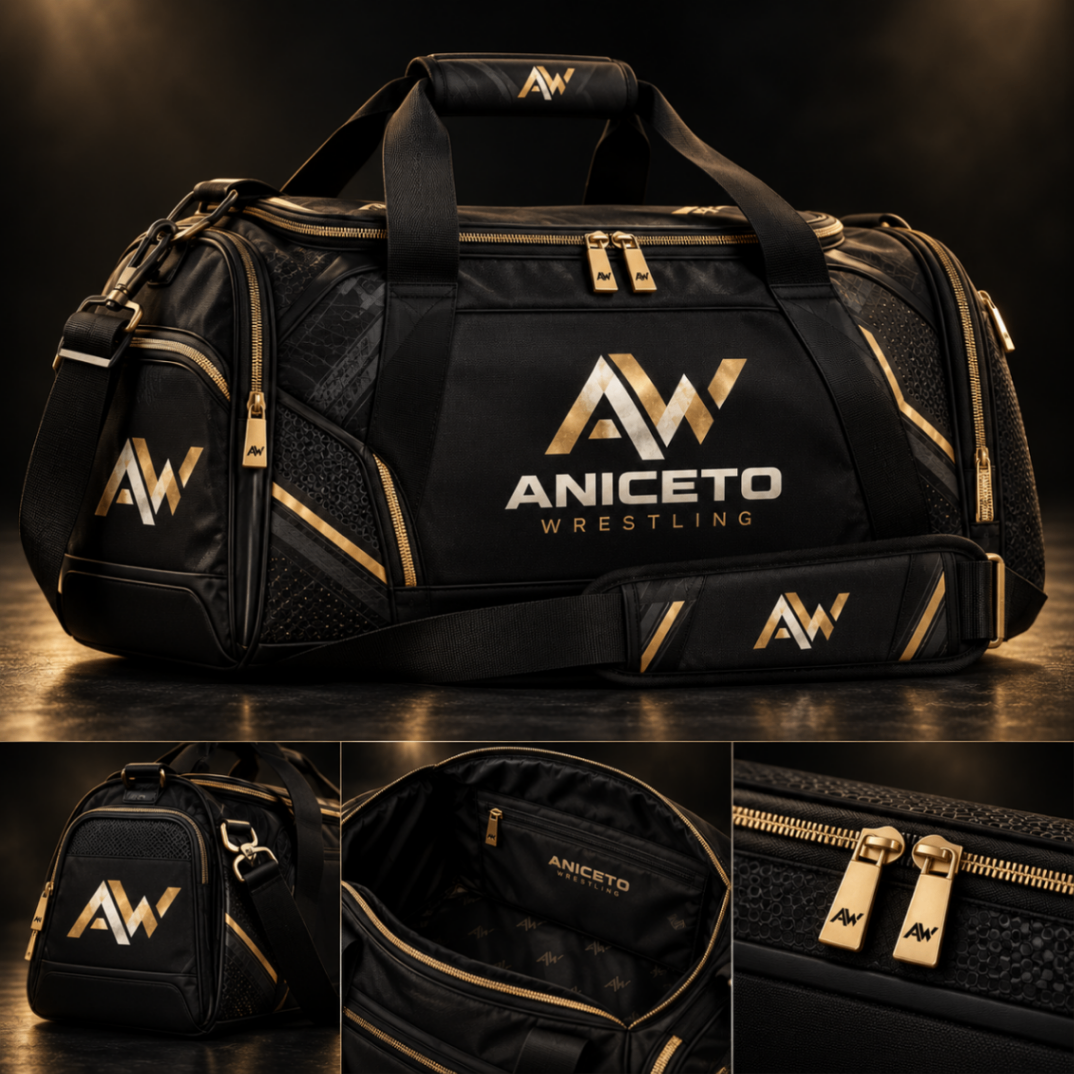 Bolsa de Treino AW — Bolsa de treino preta e dourada com alça de ombro e compartimentos laterais.